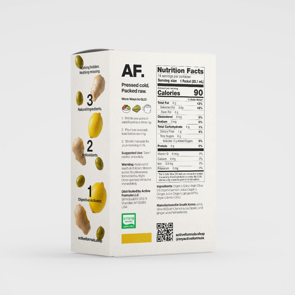 Back of GLO Shot box showing Nutrition Facts (90 calories per 25 mL packet), organic olive oil, lemon and ginger juice ingredients, and suggested use