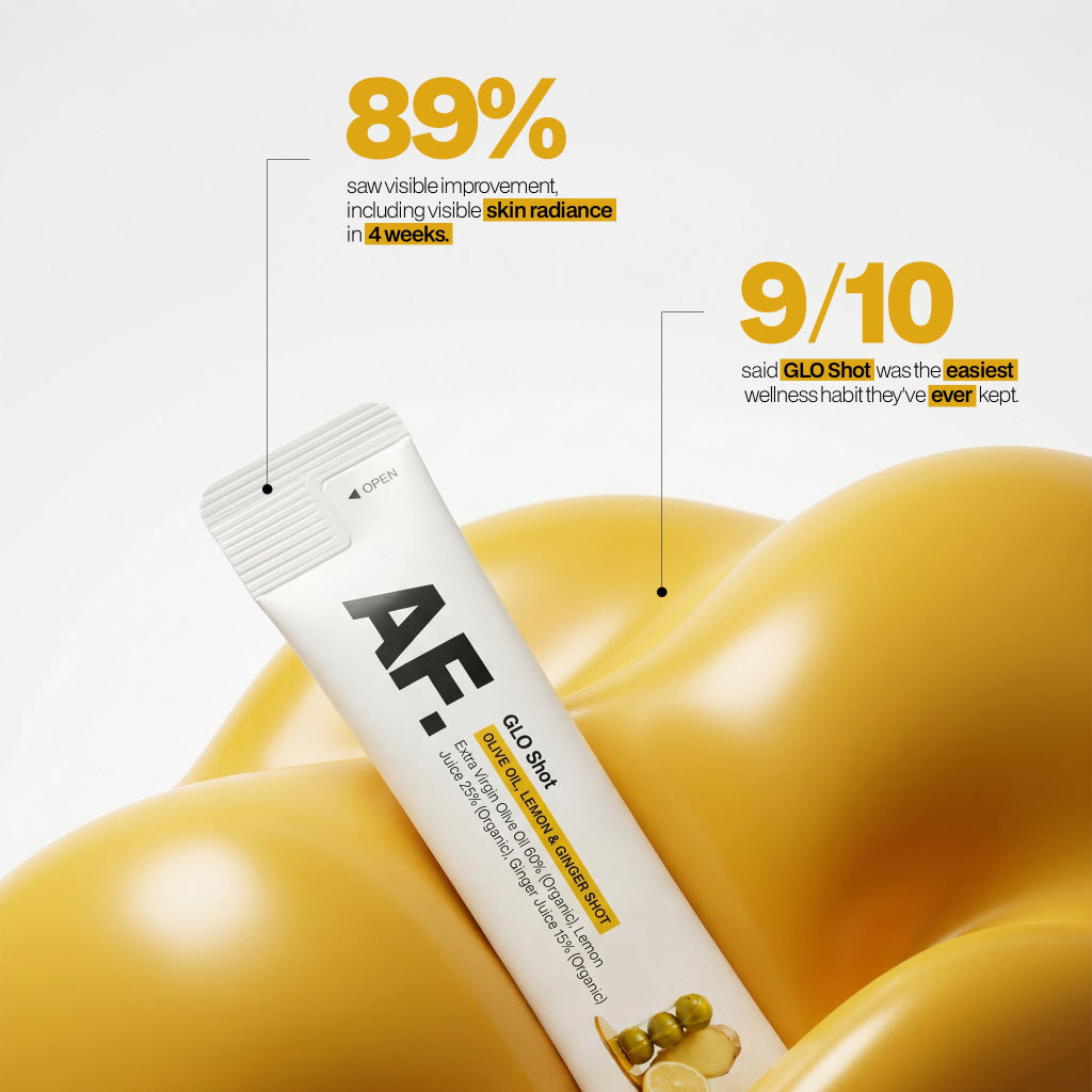 GLO Shot stickpack on a yellow background with results: 89% saw visible skin radiance in 4 weeks and 9 of 10 called it the easiest wellness habit